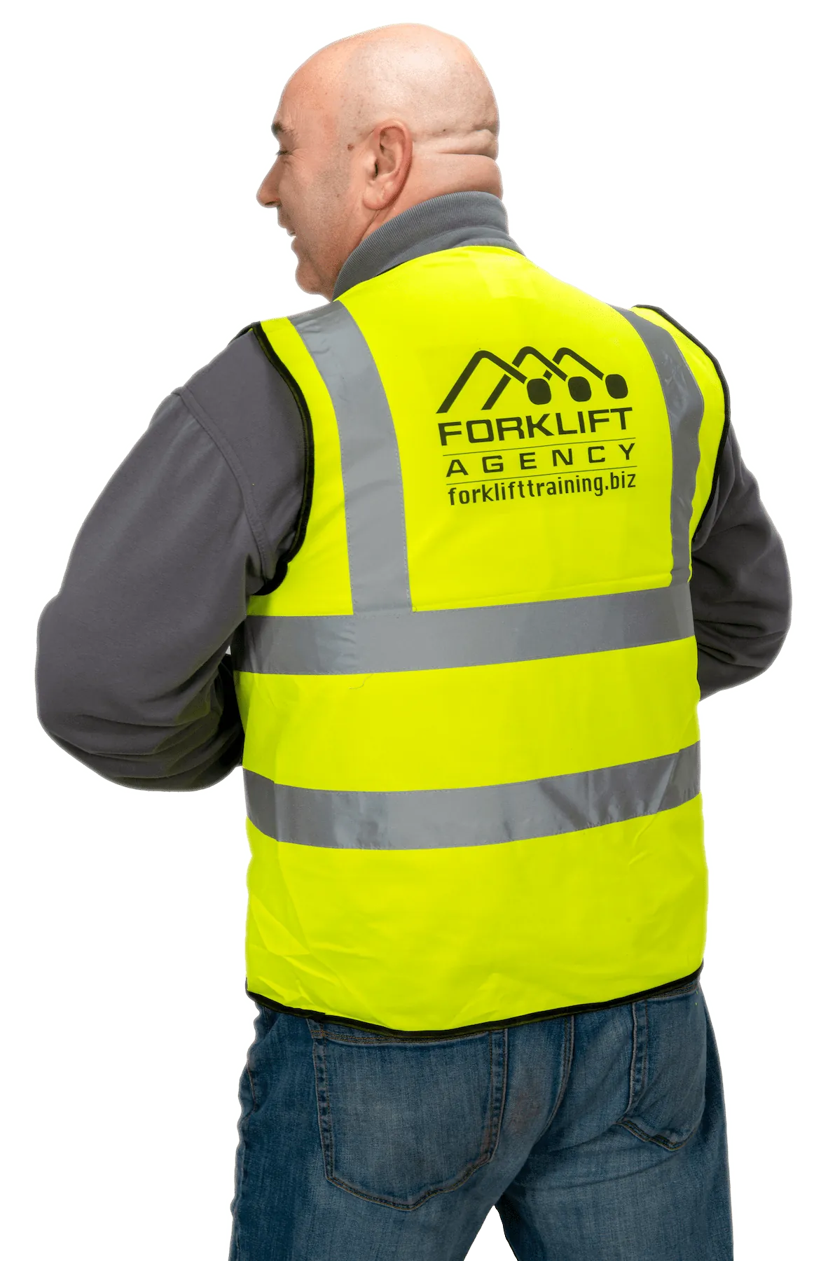 Forklift operator in hi-vis seated on a counterbalance forklift